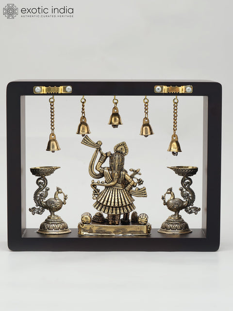 10" Superfine Shrinathji with Peacock Lamps | Wood Framed Brass Sculpture | Wall Hanging