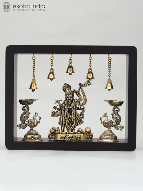 10" Handmade Shrinathji with Peacock Lamps Brass Wall Hanging