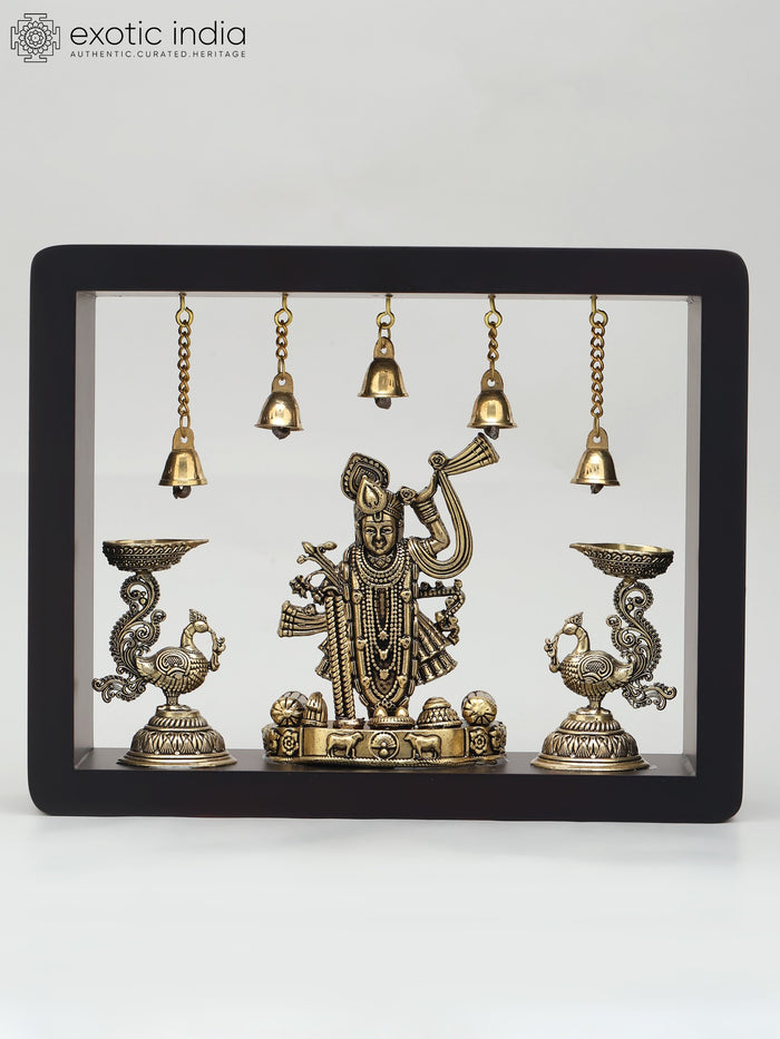 10" Handmade Shrinathji with Peacock Lamps Brass Wall Hanging