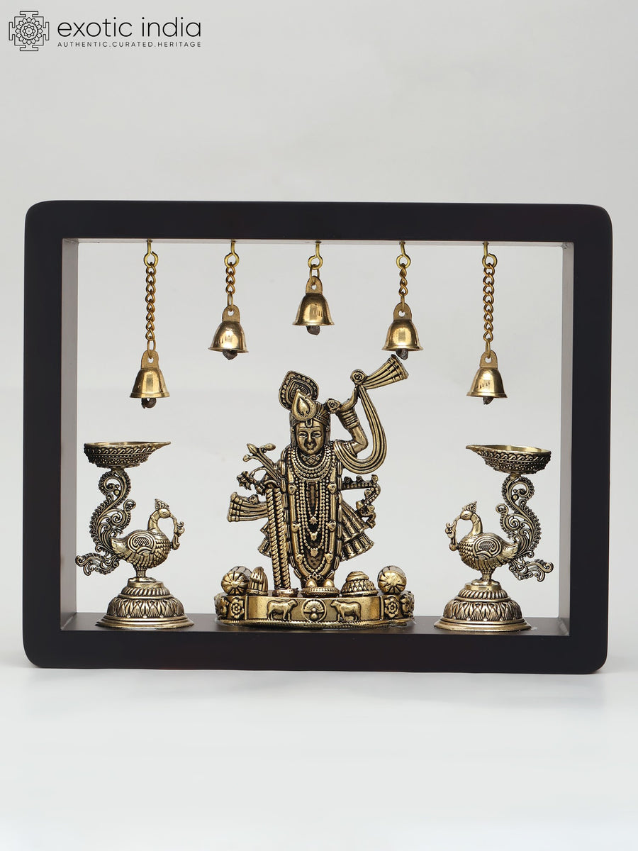 10" Handmade Shrinathji with Peacock Lamps Brass Wall Hanging