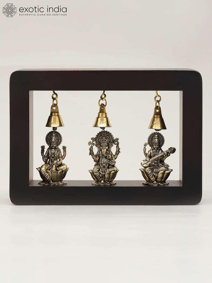 7" Brass Lakshmi Ganesha Saraswati Wall Hanging Statue Set with Wood Frame