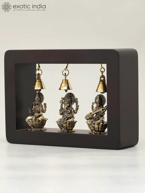 7" Wood Framed Superfine Lakshmi Ganesha Saraswati Statues in Brass | Wall Hanging