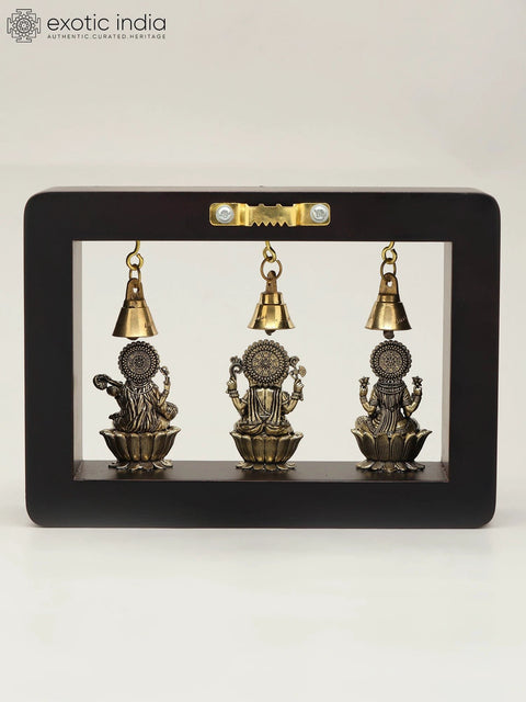 7" Wood Framed Superfine Lakshmi Ganesha Saraswati Statues in Brass | Wall Hanging