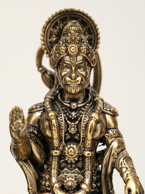 8" Superfine Standing Lord Hanuman in Blessing Gesture | Wood Framed Brass Sculpture | Wall Hanging