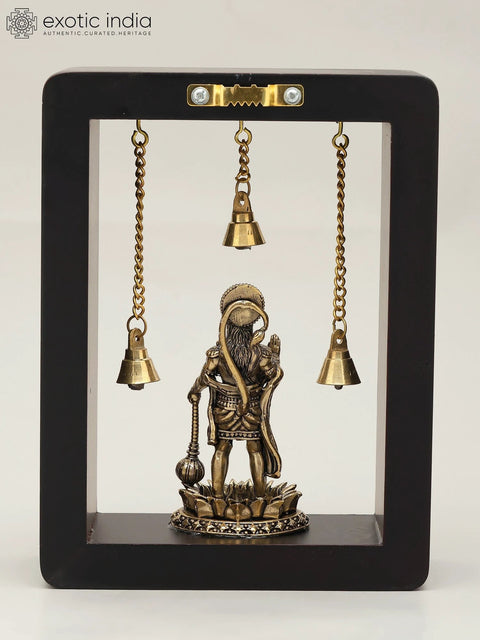 8" Superfine Standing Lord Hanuman in Blessing Gesture | Wood Framed Brass Sculpture | Wall Hanging