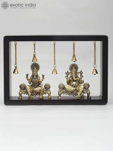 12" Wood Framed Superfine Sitting  Lakshmi Ganesha Statues in Brass | Wall Hanging