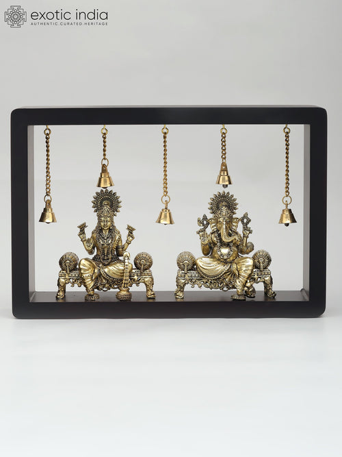 12" Brass Lakshmi Ganesha Sitting Statues with Wood Frame Wall Hanging