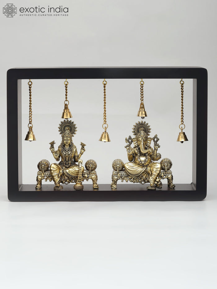12" Brass Lakshmi Ganesha Sitting Statues with Wood Frame Wall Hanging