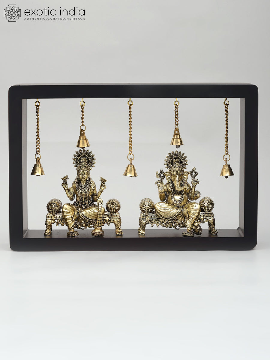 12" Brass Lakshmi Ganesha Sitting Statues with Wood Frame Wall Hanging