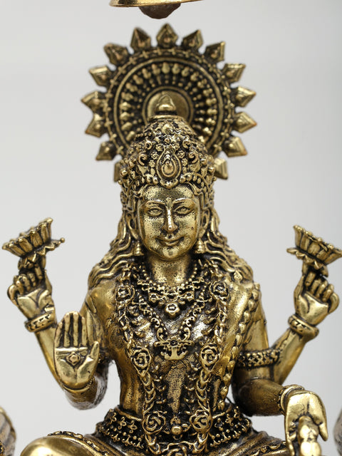 12" Wood Framed Superfine Sitting  Lakshmi Ganesha Statues in Brass | Wall Hanging