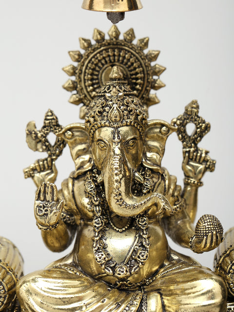 12" Wood Framed Superfine Sitting  Lakshmi Ganesha Statues in Brass | Wall Hanging