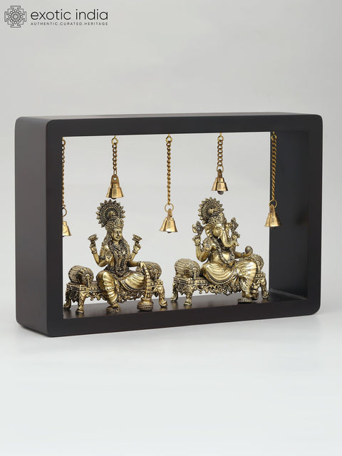 12" Wood Framed Superfine Sitting  Lakshmi Ganesha Statues in Brass | Wall Hanging