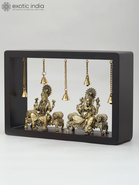 12" Wood Framed Superfine Sitting  Lakshmi Ganesha Statues in Brass | Wall Hanging