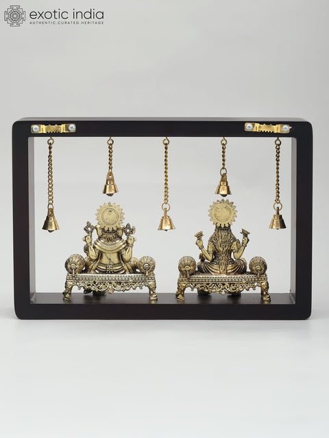 12" Wood Framed Superfine Sitting  Lakshmi Ganesha Statues in Brass | Wall Hanging