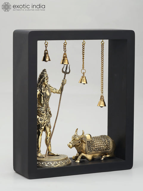 11" Superfine Standing Lord Shiva with Nandi | Wood Framed Brass Sculptures | Wall Hanging