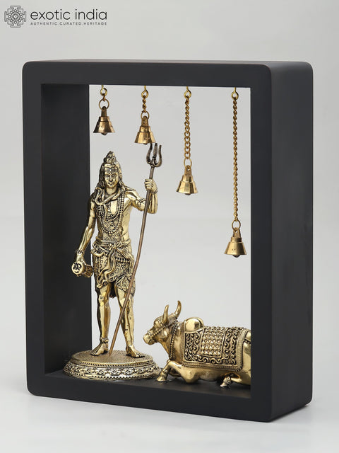 11" Superfine Standing Lord Shiva with Nandi | Wood Framed Brass Sculptures | Wall Hanging