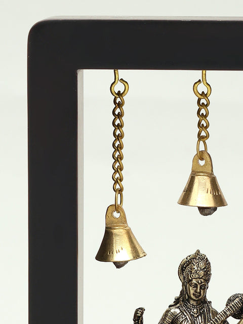 7" Brass Superfine Devi Saraswati with Bells | Wood Framed | Wall Hanging