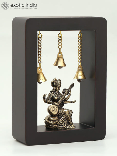 7" Brass Superfine Devi Saraswati with Bells | Wood Framed | Wall Hanging