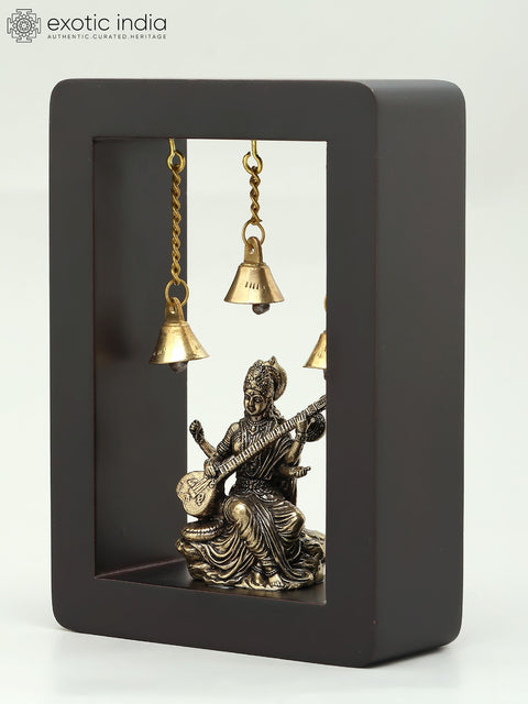 7" Brass Superfine Devi Saraswati with Bells | Wood Framed | Wall Hanging