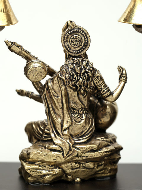 7" Brass Superfine Devi Saraswati with Bells | Wood Framed | Wall Hanging