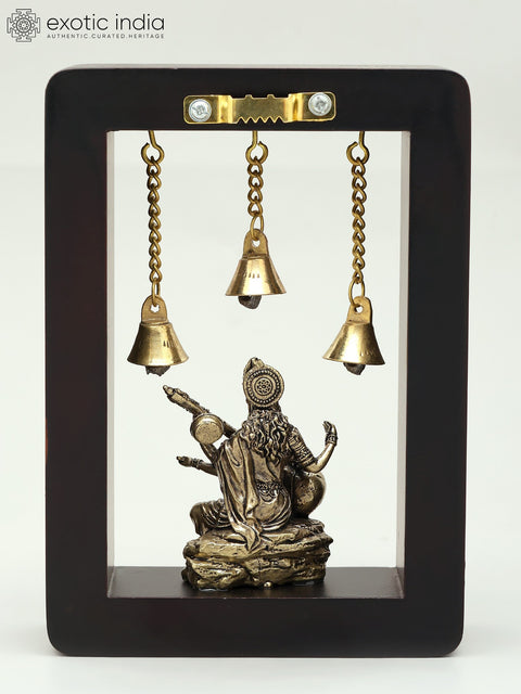 7" Brass Superfine Devi Saraswati with Bells | Wood Framed | Wall Hanging