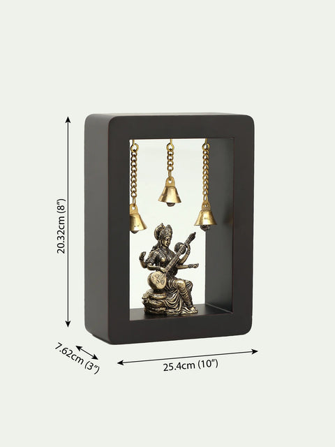 7" Brass Superfine Devi Saraswati with Bells | Wood Framed | Wall Hanging