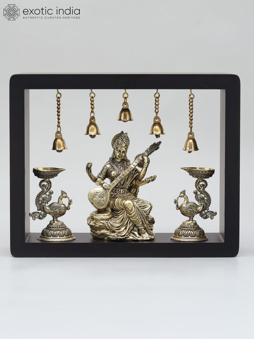 10" Brass Goddess Saraswati Peacock Lamps Wall Hanging Sculpture