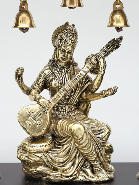 10" Superfine Sitting Goddess Saraswati with Peacock Lamps | Wood Framed Brass Sculpture | Wall Hanging