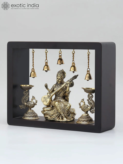 10" Superfine Sitting Goddess Saraswati with Peacock Lamps | Wood Framed Brass Sculpture | Wall Hanging