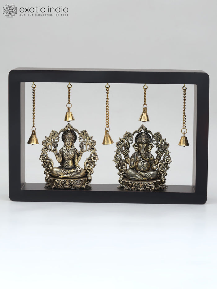 12" Handmade Lakshmi Ganesha Brass Wall Hanging with Bells