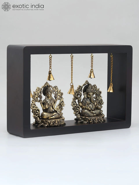 12" Superfine Sitting Lakshmi Ganesha with Dangling Bells | Wood Framed Brass Sculptures | Wall Hanging