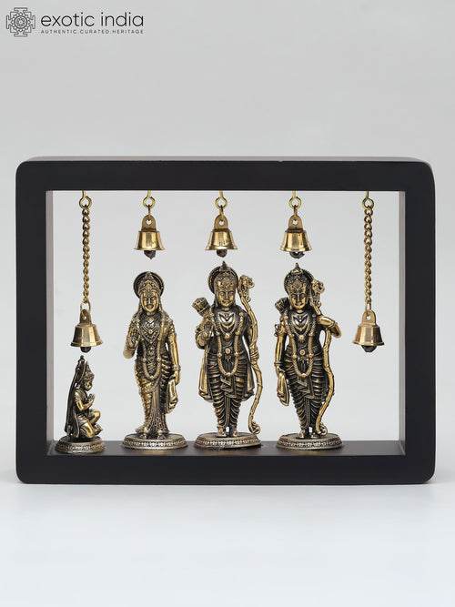 9" Shri Ram Darbar Brass Wall Hanging with Bells and Wood Frame