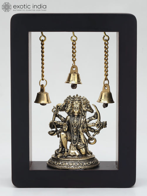 7" Sitting Panchamukhi Hanuman Wood Framed Brass Sculpture