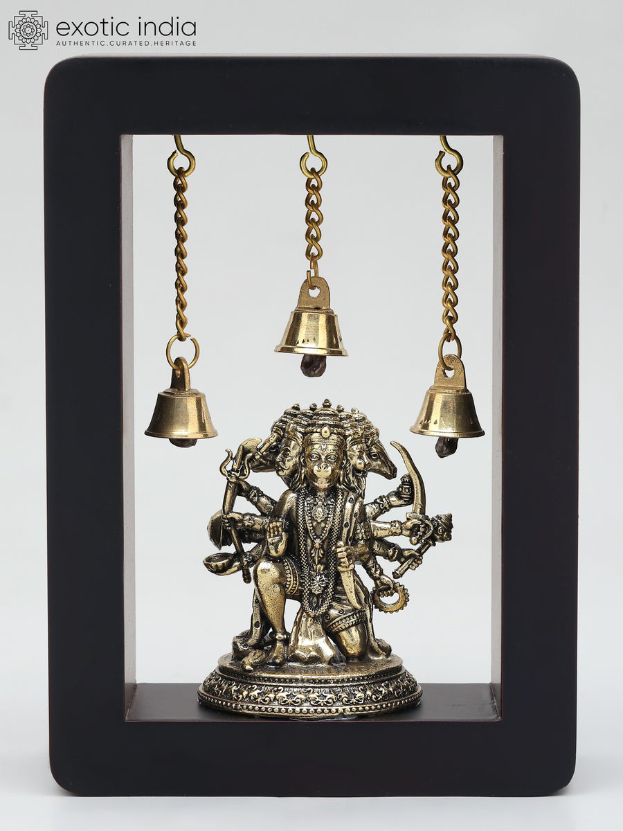 7" Sitting Panchamukhi Hanuman Wood Framed Brass Sculpture