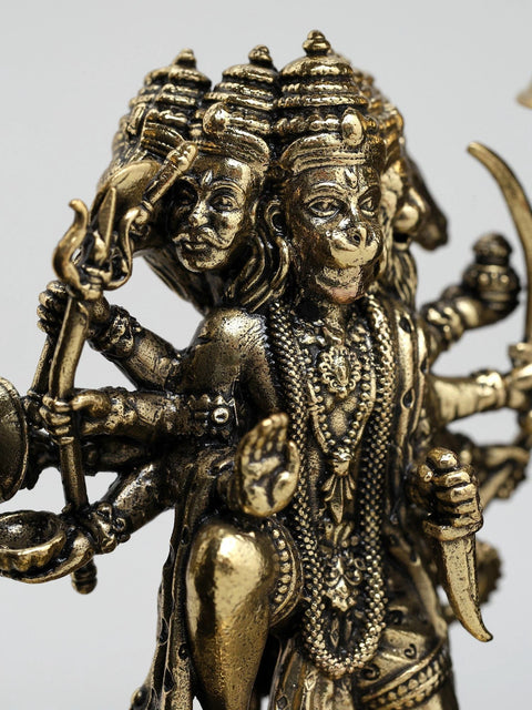 7" Superfine Sitting Panchamukhi Lord Hanuman | Wood Framed Brass Sculpture