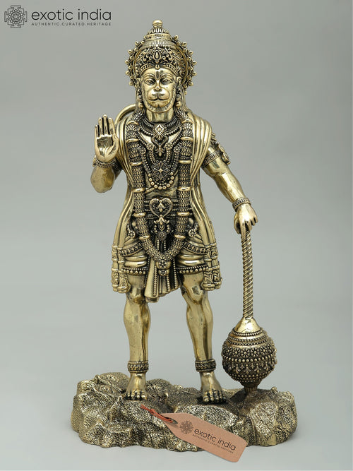 12" Handmade Brass Hanuman Statue in Blessing Gesture for Home Pooja