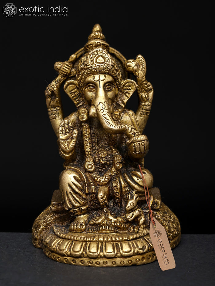 4" Sitting Blessing Lord Ganesha Brass Statue for Home Decor