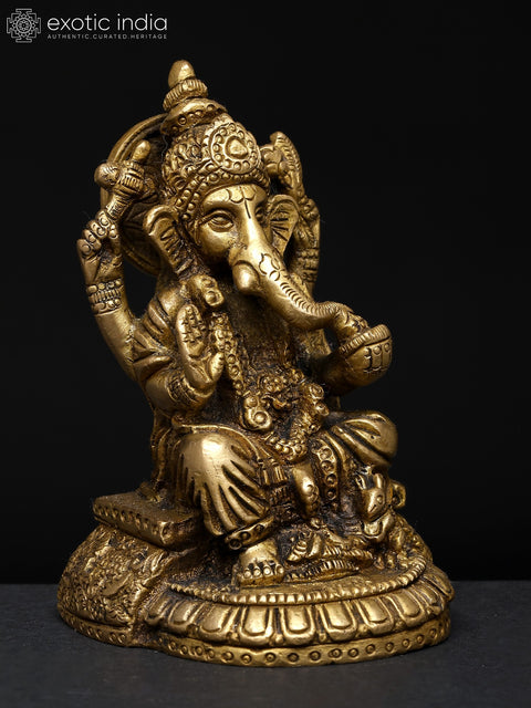 4" Small Sitting Blessing Lord Ganesha | Brass Statue