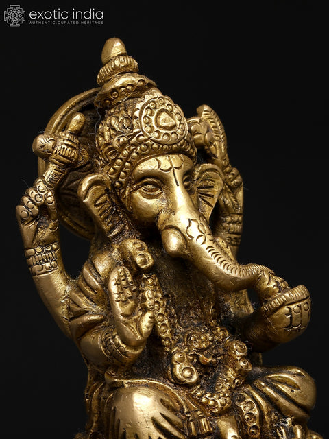 4" Small Sitting Blessing Lord Ganesha | Brass Statue