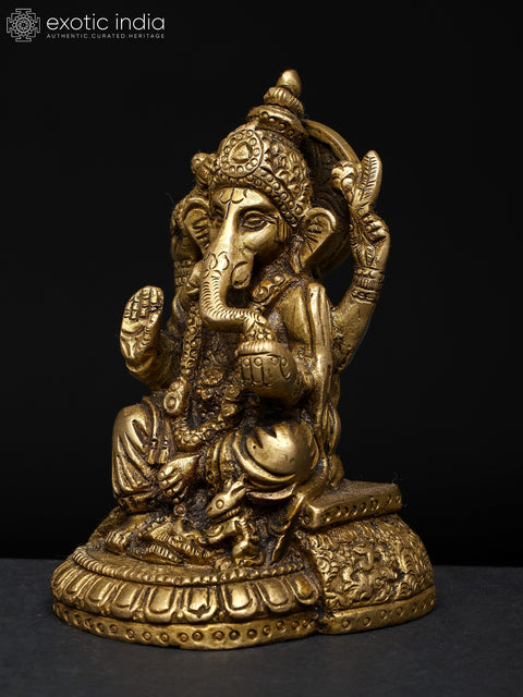 4" Small Sitting Blessing Lord Ganesha | Brass Statue