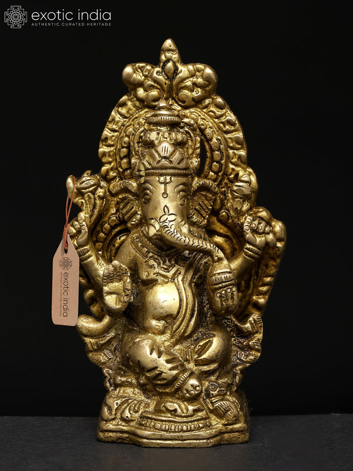 4" Chaturbhuja Lord Ganesha Blessing Gesture Brass Statue