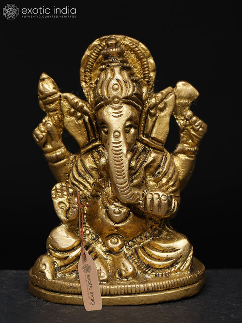 2" Chaturbhuja Lord Ganesha Handmade Brass Idol