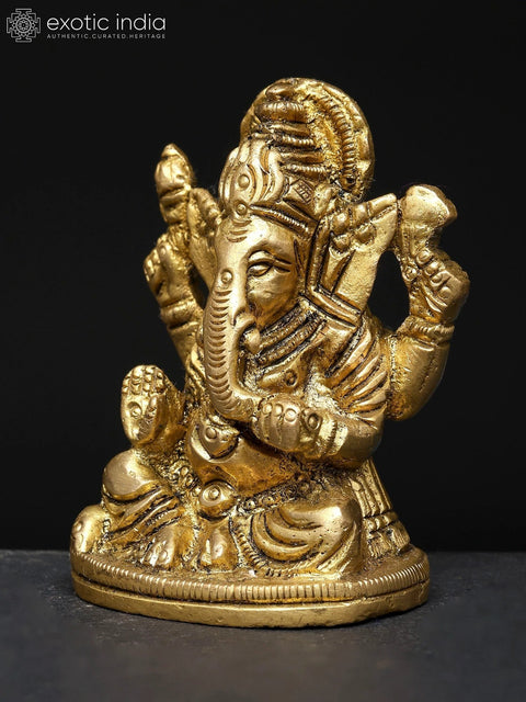 2" Small Chaturbhuja Lord Ganesha Brass Idol | Handmade