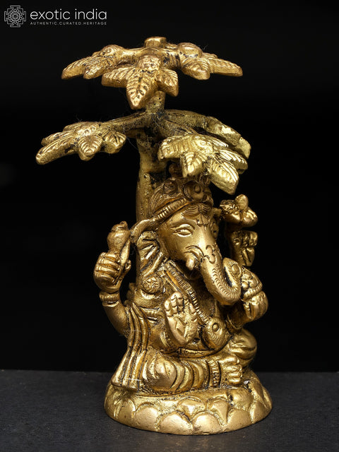 4" Small Blessing Lord Ganesha Seated Under The Tree | Brass Statue