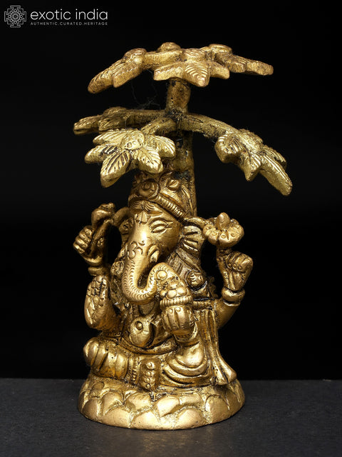 4" Small Blessing Lord Ganesha Seated Under The Tree | Brass Statue