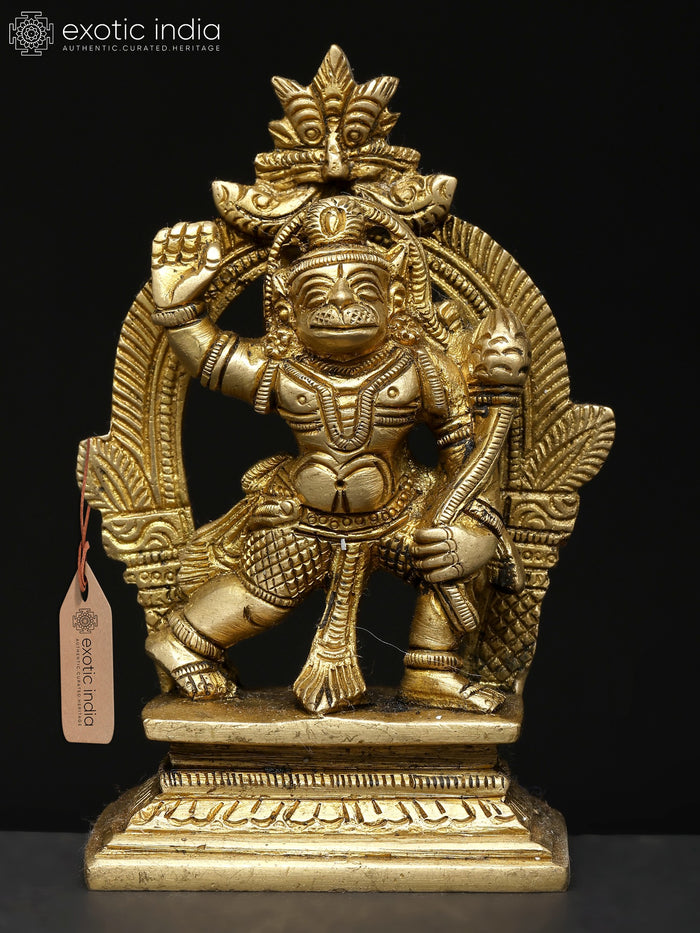 4" Small Bajarangabali Hanuman Brass Statue with Kirtimukha Prabhavali