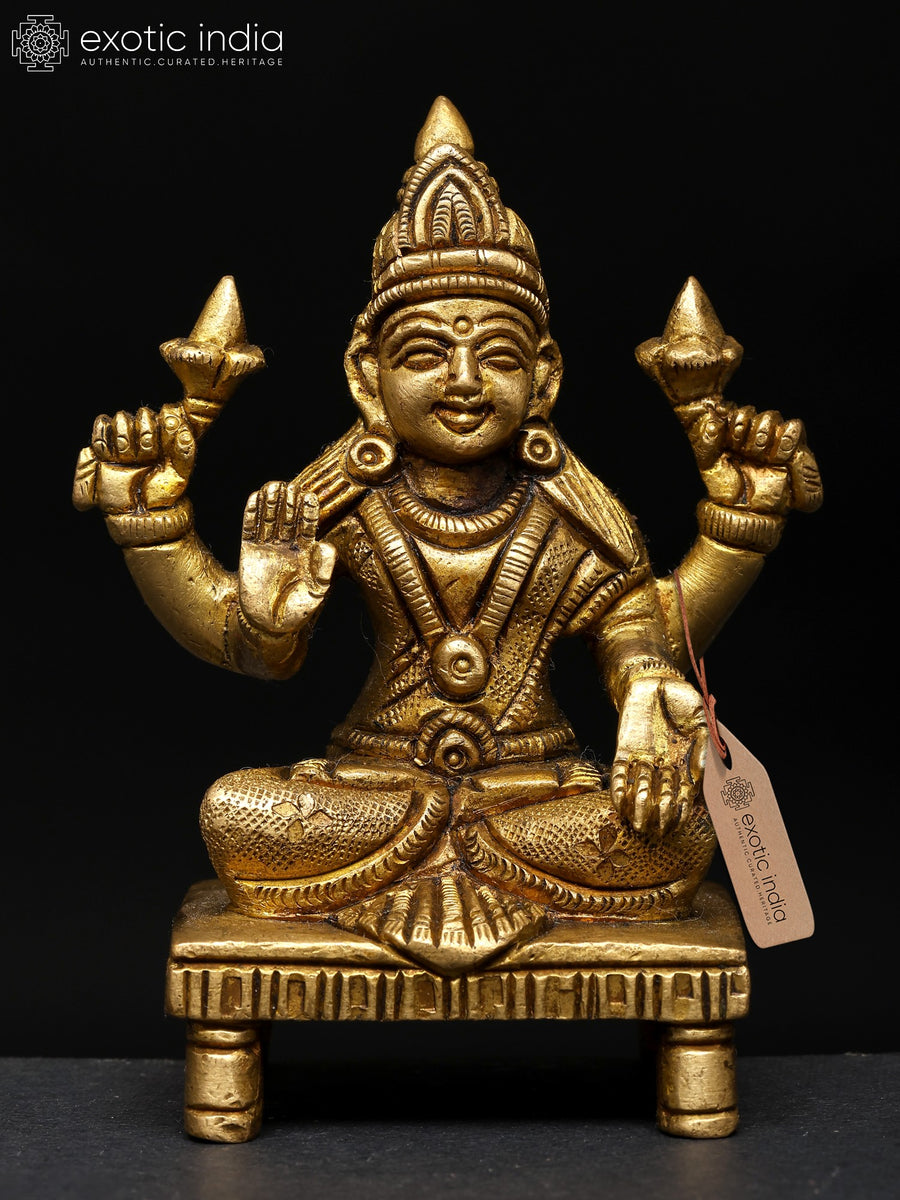 4" Four Armed Blessing Goddess Lakshmi Brass Statue for Pooja