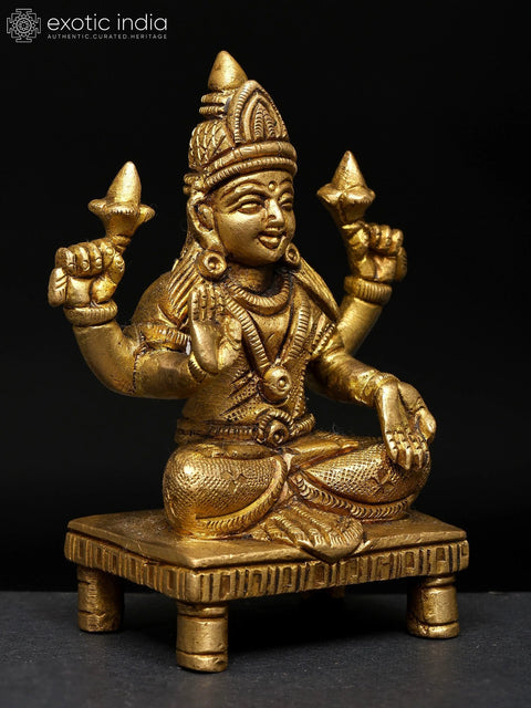 4" Sitting Four Armed Blessing Goddess Lakshmi | Brass Statue