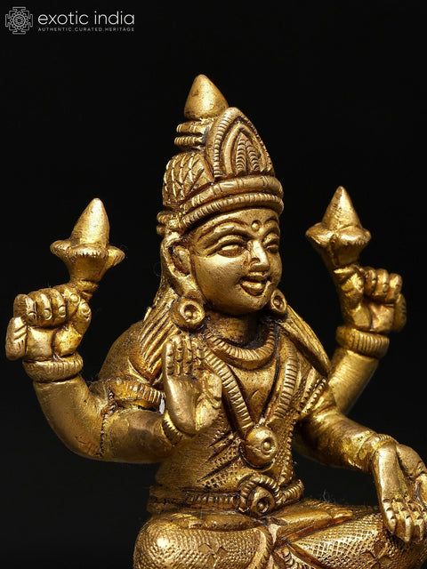 4" Sitting Four Armed Blessing Goddess Lakshmi | Brass Statue