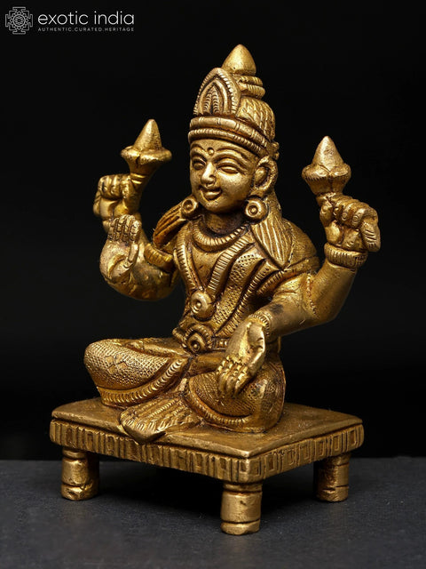 4" Sitting Four Armed Blessing Goddess Lakshmi | Brass Statue